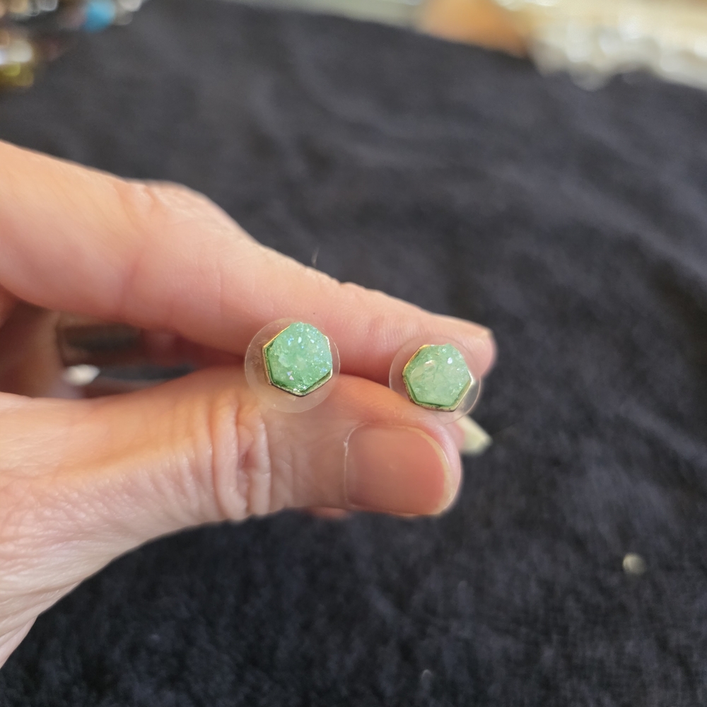 Green Hexagon Stud Earrings